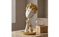 Floral Headdress Decorative Face Figurine Gold Finish Abstract Face Statue Resin Tray Base Sculpture Butterfly Accents