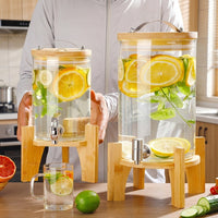 Glass Water Dispenser with Wood Stand, Large Cold Water Dispenser with Stainless Steel Tap, Ice Crackle Pattern Glass Dispenser for Home Bar Use