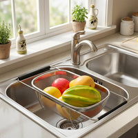 Square Drain Basket Kitchen Sink Drainer, Stainless Steel Sink Rack with Retractable Drainer, Modern Minimalist Vegetable Washing Organiser