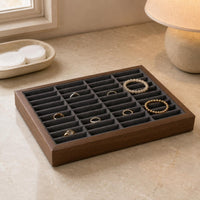 Rectangular Compartmented Jewelry Tray Brown Wood-Grain Wooden Jewelry Tray Felt-Like Accessory Storage Easy to Organize