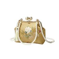 Floral Embroidery Pearl Chain Crossbody Bag Elegant Pearl Chain Handbag Vintage Design for Women, Party, Evening, Wedding