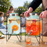 Water Dispenser Glass Jar Drink Dispenser with Metal Stand, Thickened Glass Water Container with Stainless Steel Spigot for Chilled Drink