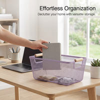 Metal Storage Basket with Wooden Handle, Hollow Mesh Organizer Basket for Kitchen & Office, Wire Basket for Storing Fruits & Supplies