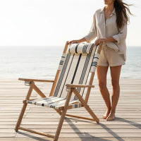 Portable Camping Lounger Foldable Design Wooden Beach Chair With Headrest Pillow Folding Deck Chair for Garden, Patio, Poolside