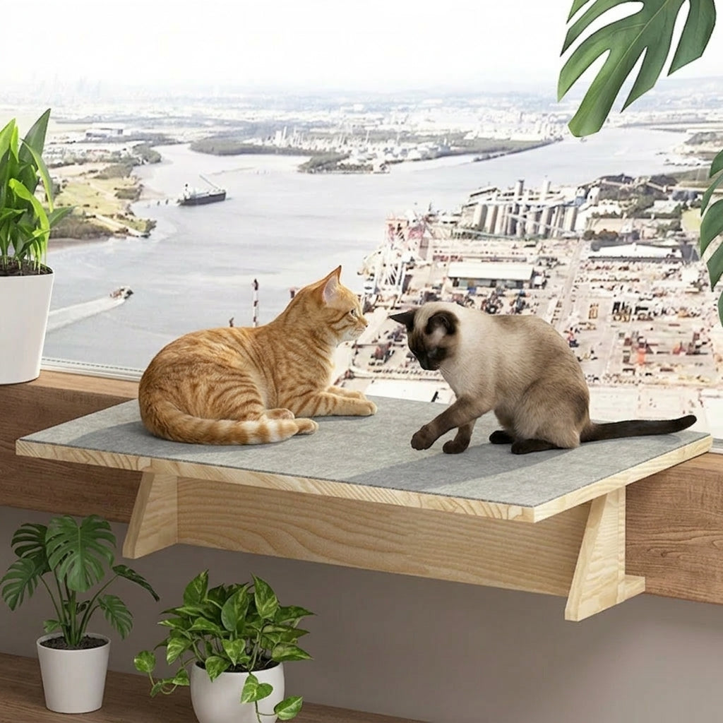 Wooden Cat Bed and Cat Hammock, Window Cat Perch with Woven Mat, Wood Cat Perch for Window Sill, Japanese Style Modern Indoor Furniture