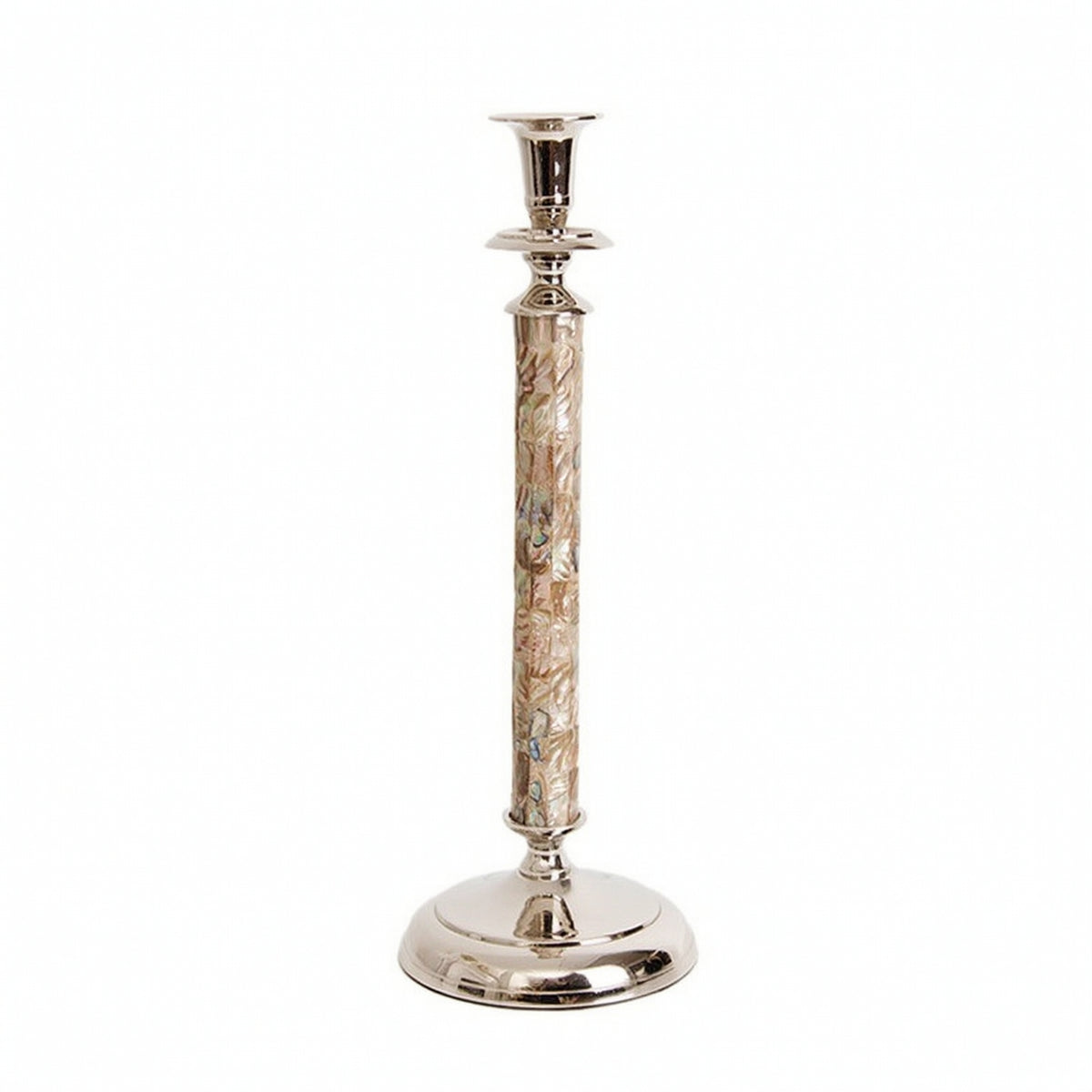 Candlestick with Shell Inlay Decorative Silver Candlestick Iridescent Candle Holder for Table, Bar, Cabinet