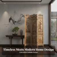 Chinese Design Panel Screen Meditative Influenced Wooden Folding Screen Freestanding Antique Finish Room Separator for Homeowners, Entrance Bedroom