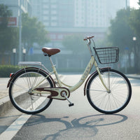 Installation-No-Assembly-Required Folding Ride Solid Tires Commuter Ride Includes Basket and Rear Seat Step-Through Bike High-Carbon Steel Frame for Students, Adults, Women, Commuting, City