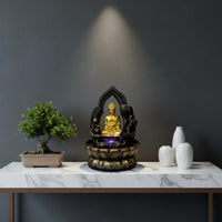 Black and Gold Fountain with Buddha Figure Textured Tabletop Water Fountain Small Zen-Style for Desk