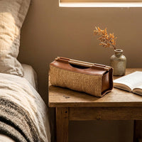 Tissue Paper and Rattan Tissue Box for Bedroom Decor, Rectangular Tissue Box Holder with Pull-Tab Handle, Home Office Desk Organizer, Gift