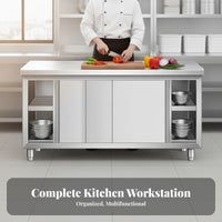 Easy to Clean Stainless Steel Work Table with Cabinet Rust Resistant Kitchen Work Table with Storage Spacious Worktop Commercial Kitchen Workbench Seamless Joining for Restaurant Owners, Homeowners, Workshop Employees, Hotel, Dining Hall, Warehouse