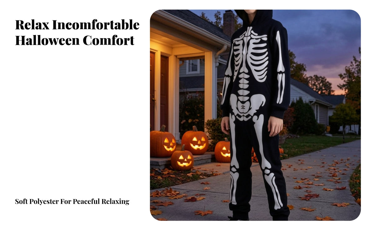 Skeleton Costume with Hood | Machine Washable material, Skeleton Jumpsuit with Hood Non-Peeling Design, for Halloween