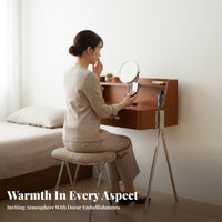 Integrated Storage Drawer Corner Dressing Table with Round Mirror Multi-Functional Bedroom Furniture Space-Saving Makeup Desk Modern Design for Apartment Dwellers, Young Adults, Teenagers, Dorm Room