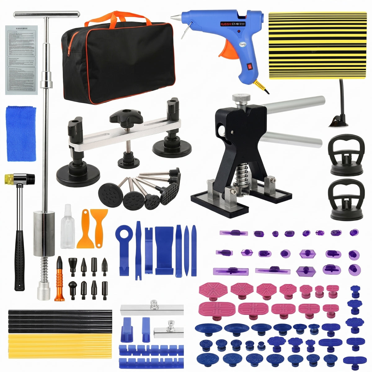 114 Pieces Bridge Style Paintless Dent Repair Kit Metal and Plastic Car Dent Repair Set Suction Cups