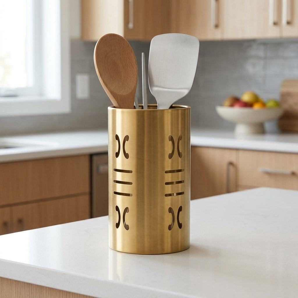 Leaf Hole Chopstick Holder with Base (Gold) Utensil Holder, Stainless Steel Utensil Organizer, Modern Rack Cutlery Drainer for BBQ Restaurant