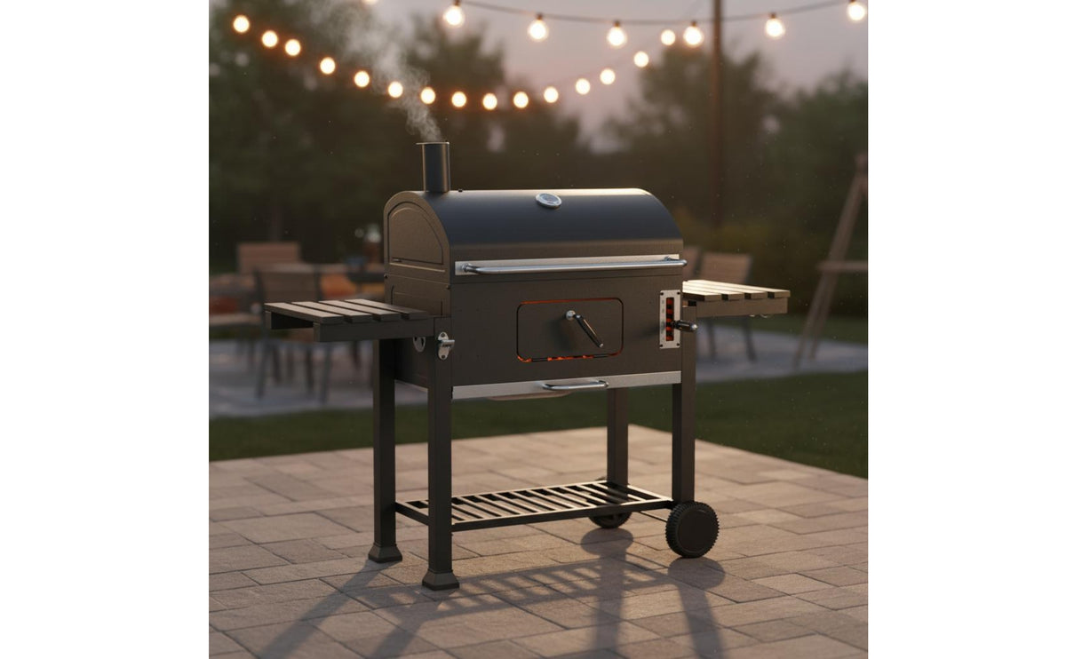 Trolley Charcoal Grill with Side Shelves and Lid