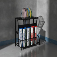 High Strength Racket Stand with Basket Freestanding Tennis Racket Storage Rack Metal Tennis Racquet Stand Matte Black for Clubs, Gyms, Schools, Active Training Areas