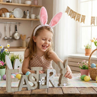 2 Pieces Easter Bunny Table Decor Freestanding Design Wooden Easter Decor Set Distressed Finish Rustic Bunny Figurine for Living Room, Shelf, Entryway