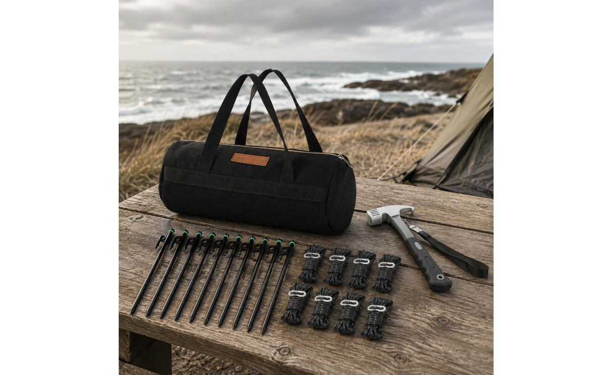 Canvas Tent Stakes and Hammer Set Hooked Head Camping Stake Kit Metal Tent Peg Kit Reflective