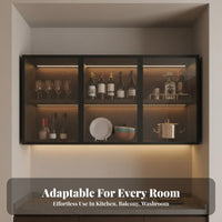 Wall Mounted Storage Cabinet Solid Wood Board Wall Mounted Glass Cabinet Space-Saving Suspended Display Shelf with Doors for Washroom, Balcony