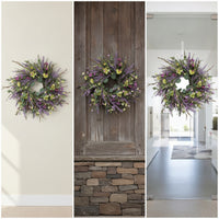 Artificial Lavender Wreath Faux Spring Wreath with Mixed Blossoms Outdoor for Front Door