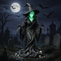 Light-up Witch Statue with Skull Base Glowing Witch Figurine Spooky Ornament Eerie for Courtyard