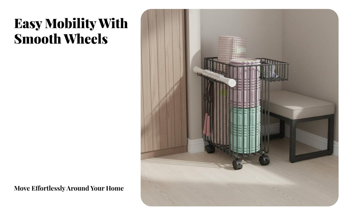 Exercise Mat Storage Rack With Wheels Rolling Fitness Equipment Cart Space Saving Home Gym Storage Cart for Corner