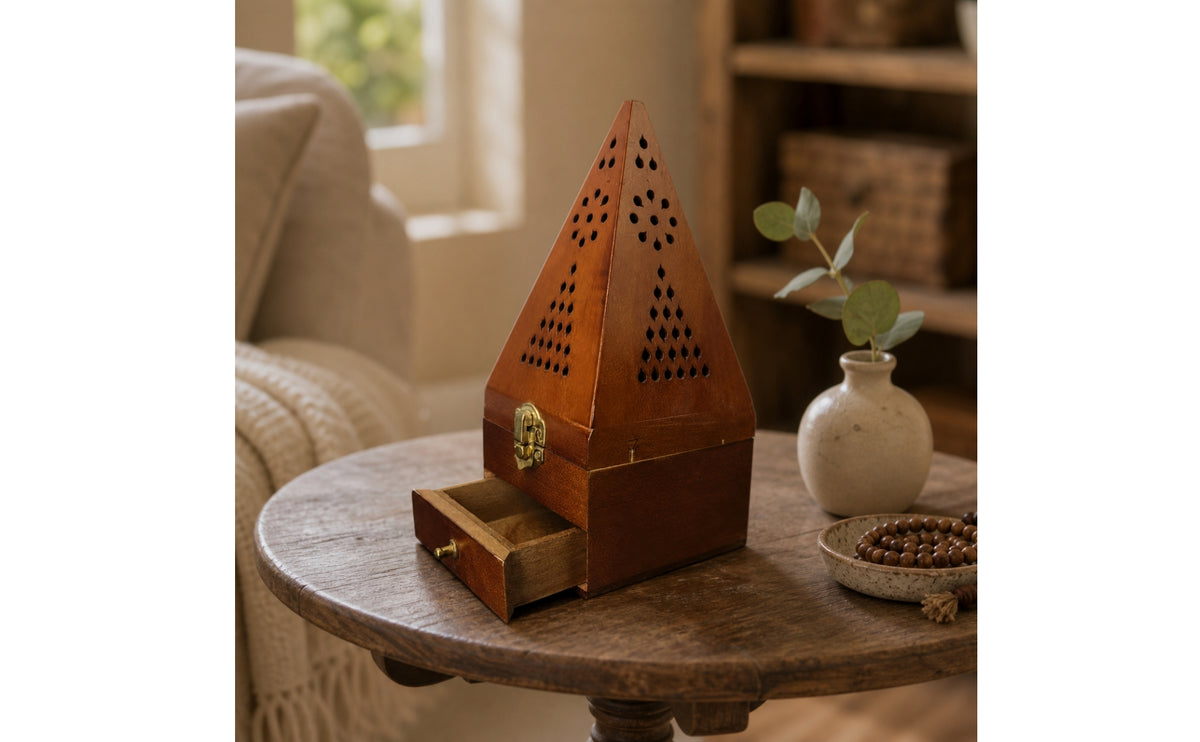 Pyramid Incense Burner Handmade Wooden Incense Holder Carved Antique-Style for Meditation, Tea Room