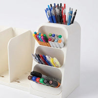 Desktop Organizer with Pen Holder, Expandable Book Stand for Office Desk, Adjustable Bookends with Storage Compartments, Cream White