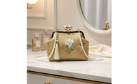 Floral Embroidery Pearl Chain Crossbody Bag Elegant Pearl Chain Handbag Vintage Design for Women, Party, Evening, Wedding