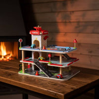Elevator Lift Wooden Toy Car Garage Printed Road Markings Wooden Parking Garage Open Arch Entrances for Children
