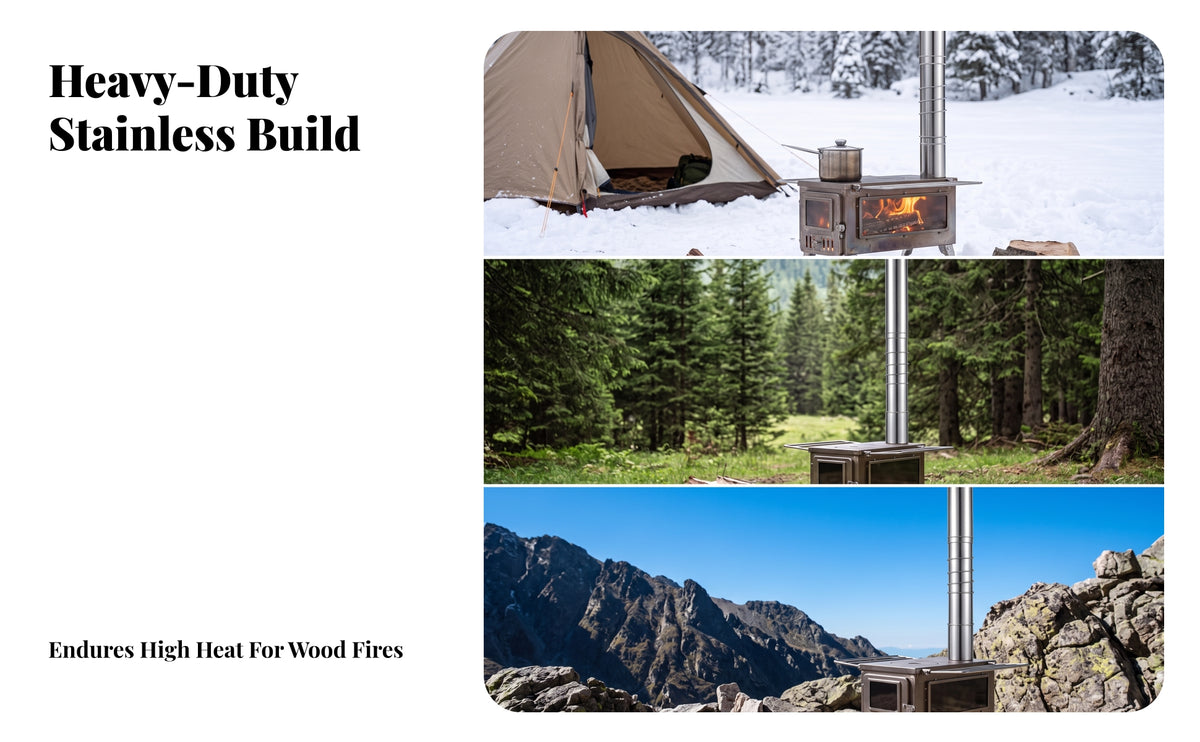 Stainless Steel Tent Heating Appliance | Cylindrical Metal Body, Straight Chimney Pipe, for Camping
