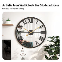 European Design Round Iron Wall Clock Non Ticking Large Mirrored Wall Clock Battery Operated for Homeowners, Decorators, Living Room