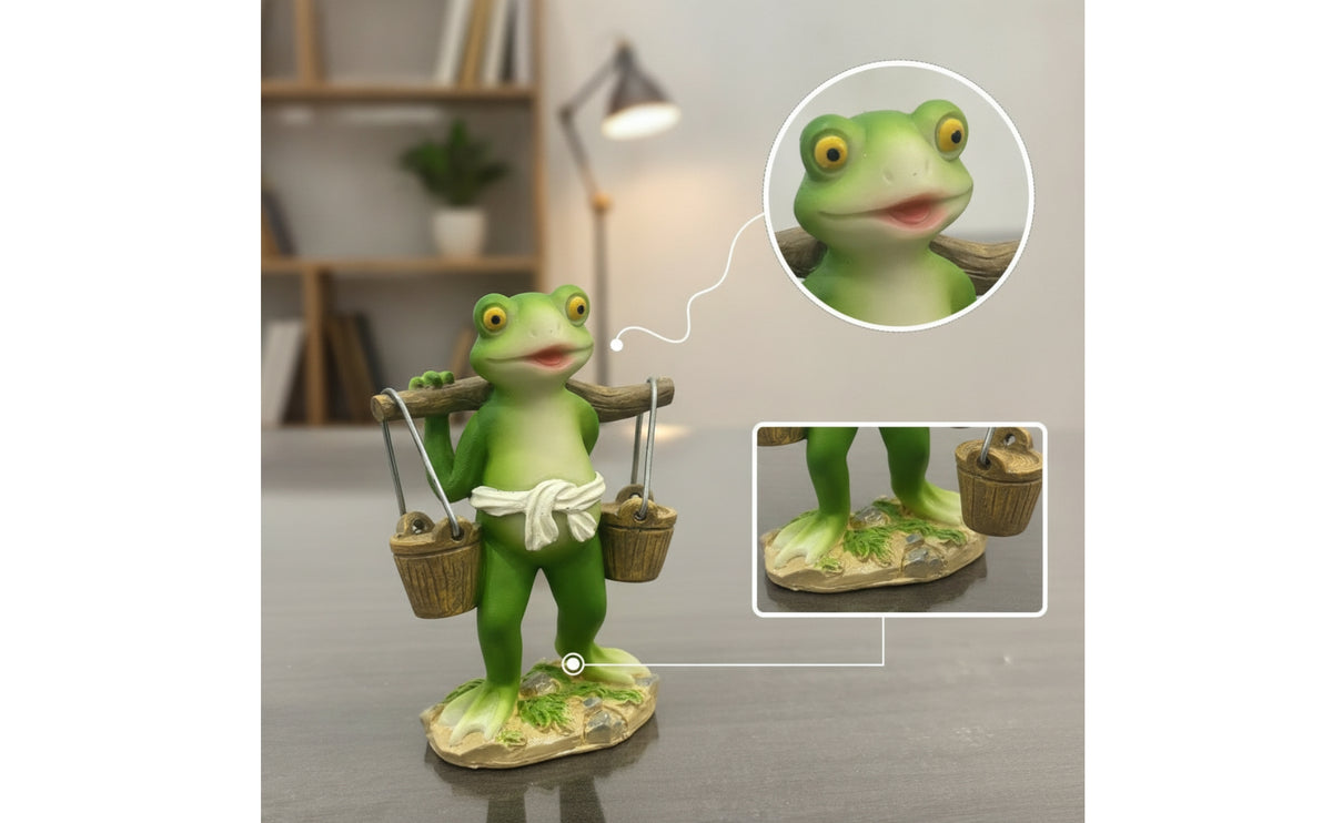 Cute Frog Figurine with Shoulder Pole Whimsical Cartoon Frog Statue Decorative Sculpture Funny for Collectors, Living Room, Bookshelf, Office, Plant Display