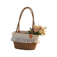 Two-Tone Color Woven Tote Bag with Lace Flower Applique Summer Beach Bag Large Capacity for Shopping