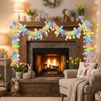 Easter Tinsel Garland with White Bunny and Coloured Eggs, Pastel Metallic Twist Streamer, Spring Hanging Wreath Decoration for Home Party Tree Wall Crafts