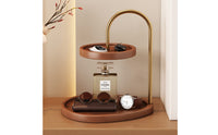 Wood-Grain 2 Tier Storage Rack Gold-Toned Two-Tier Storage Rack Curved Metal Tabletop Display Stand Raised Rim for Dresser, Entryway