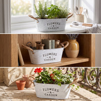 Whitewashed Oval Planter with Handles Galvanized Planter with Rope Handles Decorative Metal Flower Container Multipurpose for Windowsill