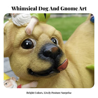 Dog and Gnomes Statue Garden Gnome Dog Sculpture Weather Resistant Funny Gnome Yard Figurine for Gardeners, Patio