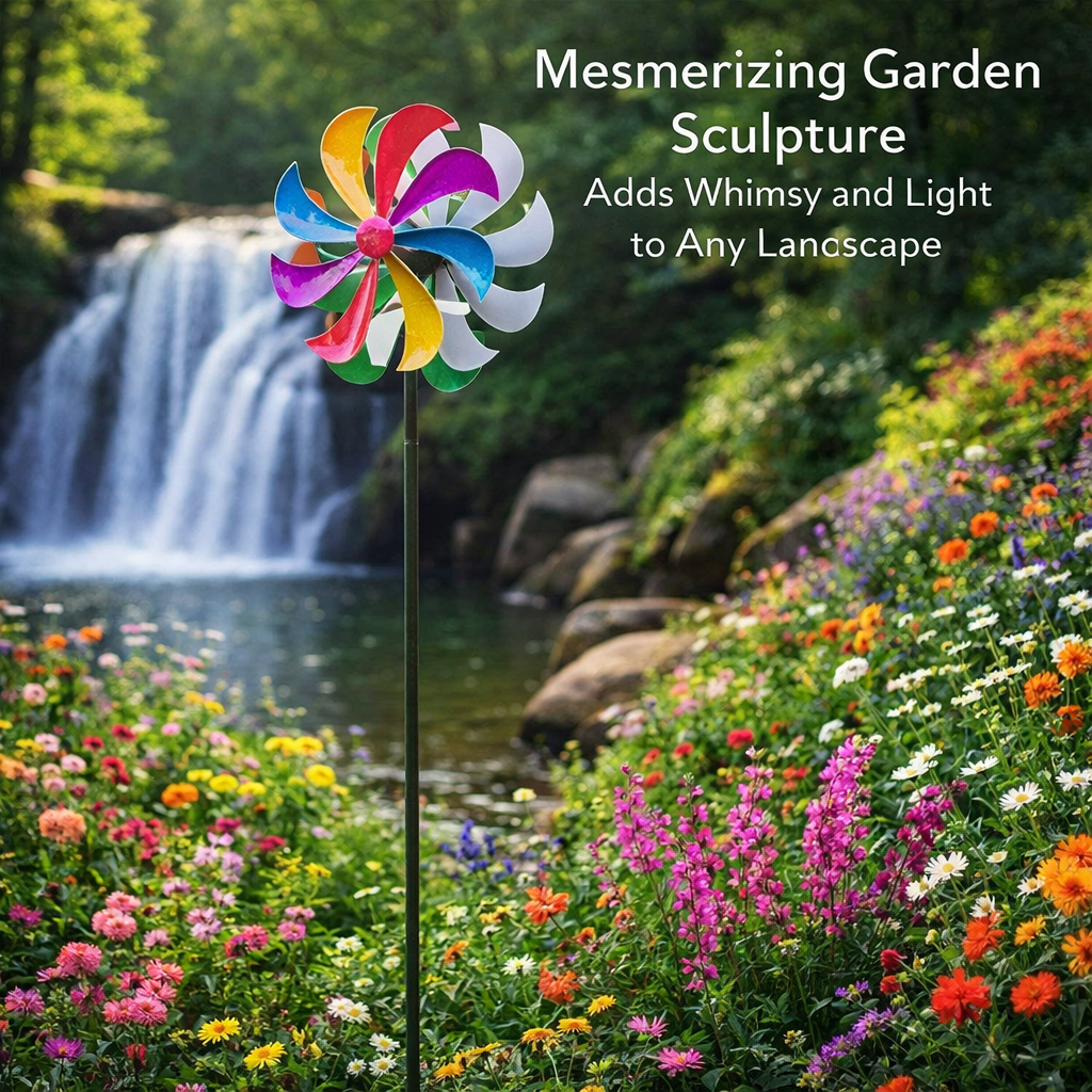 Wind Spinner for Outdoor Garden, Solar Powered Colorful Metal Windmill, 185cm Tall Balcony Decor, Large Ornament for Gardeners