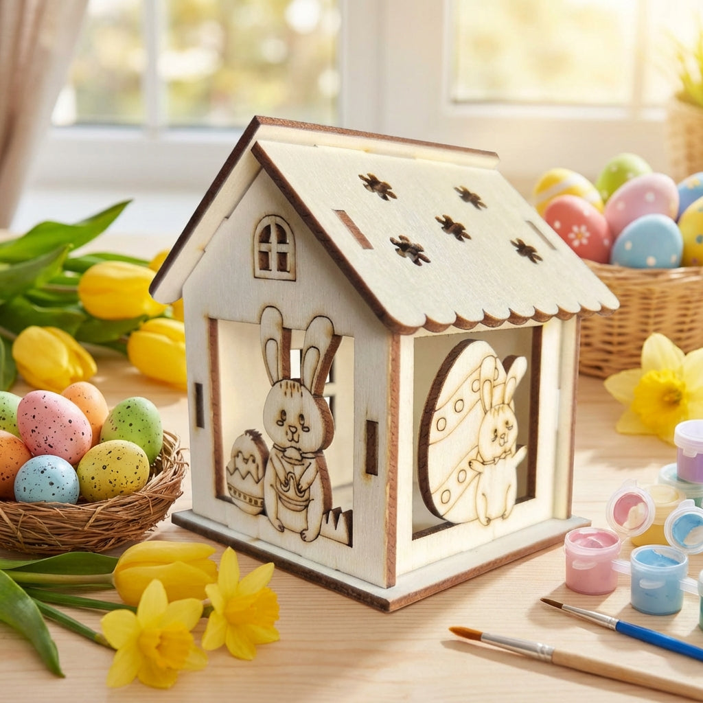 Easter Wooden House Hollow-Carved Design Wooden Easter Craft Set Creative Fun Paintable Wood Cabin for Crafters, Tabletop Display, Classroom Activity