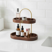 Cosmetic Storage Rack Space Saving Makeup Organizer with Wooden Trays Compact Skincare Holder for Tabletop