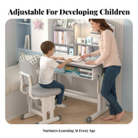 Space Saving Kids Desk and Chair Set Sturdy Steel Frame Adjustable Student Desk Set Bookstand Height Adjustable Study Table Widened Desktop for Students, Teenagers, Parents, Home, Bedroom, Playroom