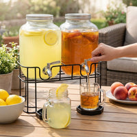 Juice Dispenser Set of 2, Glass Dispenser with Tap and Metal Stand, Stainless Steel Lid Water Urn for Iced Tea, Cold Water Business Gift 5000ML