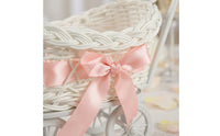 Handwoven Trolley Basket Rolling Wheels Woven Basket Pink Satin Bow Decorative Wagon uncoveredTop for Candy Holder, Small Item Storage