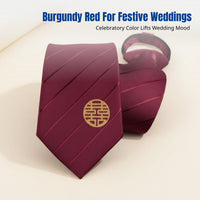 Red Double Happiness Tie, Men's No-Knot, Wedding Groom, Festive Bird Design, Formal Wear