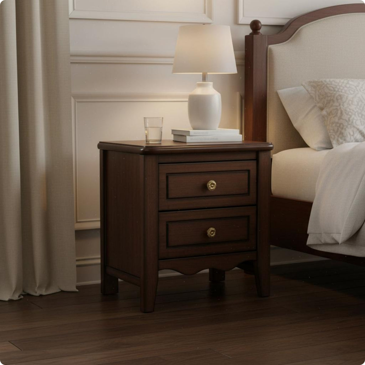 Compact Wooden Bedside Table Dark Brown Solid Wood Bedside Table Round Knob Pulls Home Furniture