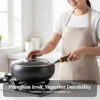 Hand Hammered Wok Wooden Handle Uncoated Iron Wok Deep Bowl Stir-Fry Pan Rust Resistant Large Stir Frying Pan Lightweight Design