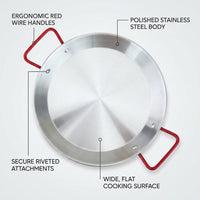 Frying Pan and Salad Bowl for Fried Chicken, 34cm Stainless Steel Pan with Red Handles, No Coating Steel Pan for Paella, 4cm Depth Pasta Pan