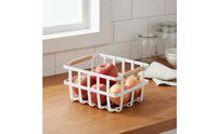 Multi-Purpose Wire Basket with Wood Handles Wrought Iron Construction Metal Pantry Bin Hollow-Carved Design White Organizer Holder for Kitchen, Bathroom